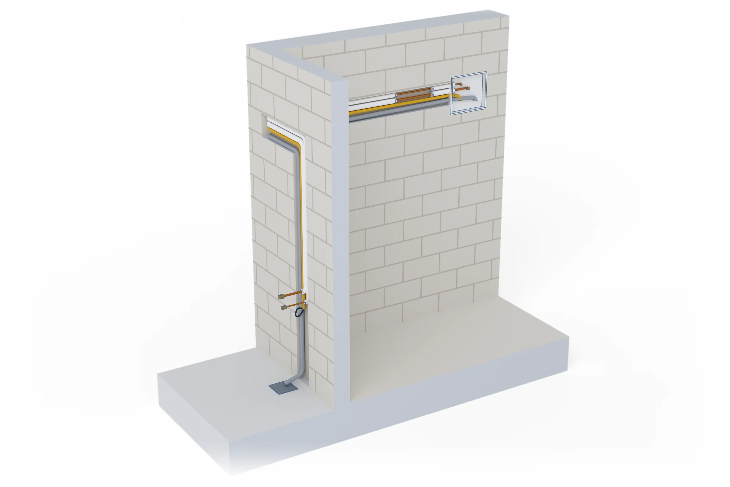 Maquete de uma parede em obra cortada ao meio: a caixa de pré-instalação no lugar da unidade interna, a tubulação de cobre com isolamento, o dreno e o eletroduto embutidos na alvenaria, descendo pela fachada até as pontas tampadas na varanda.