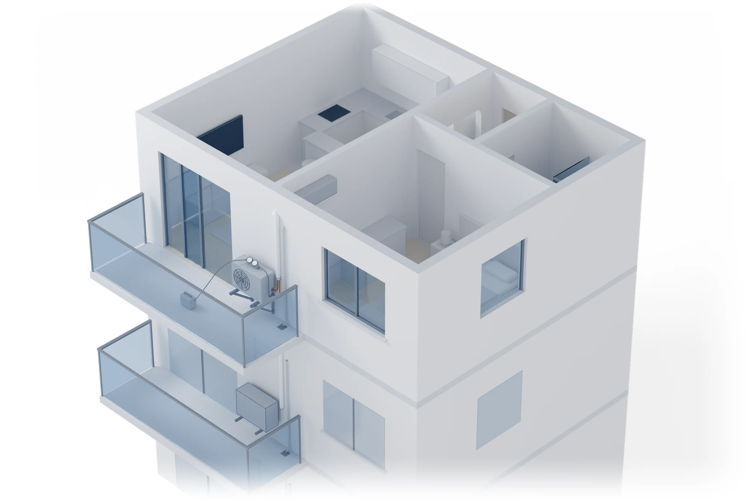 Maquete isométrica de um prédio de três andares com o apartamento de cima aberto: sala com cozinha americana, quarto, banheiro e hall; a unidade interna do ar-condicionado fica na parede do quarto e a condensadora na varanda de vidro.